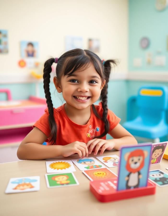Niña con flashcards educativas